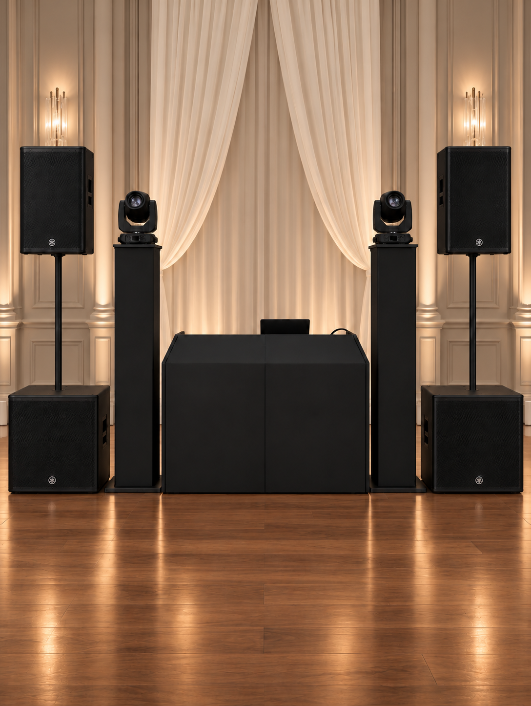 Elegant all-black DJ booth with black lighting towers, moving heads, Yamaha speakers and subwoofers in a warmly lit wedding setting