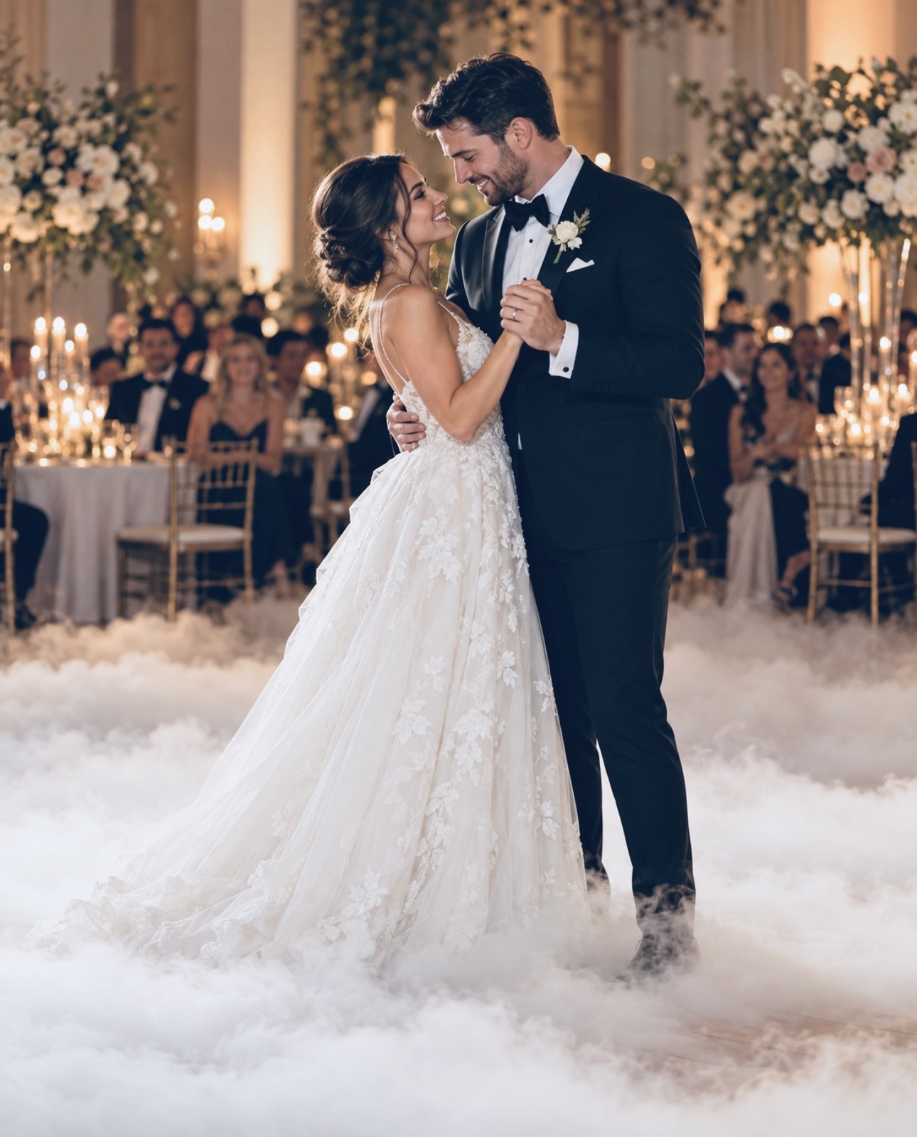 Wedding couple sharing a first dance surrounded by low-lying clouds