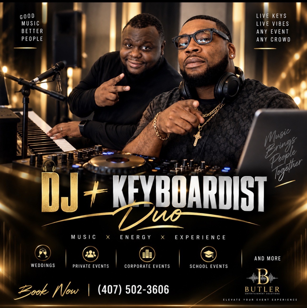 Butler Entertainment Solutions DJ + keyboardist duo flyer