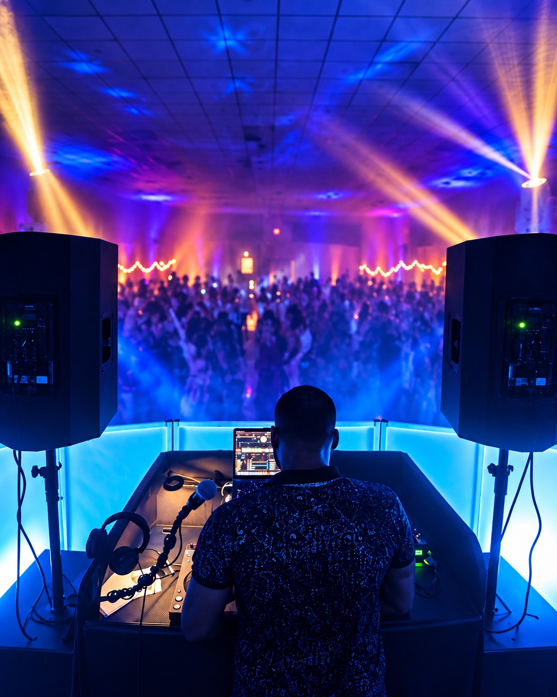DJ overlooking the dance floor with blue, purple, and gold event lighting