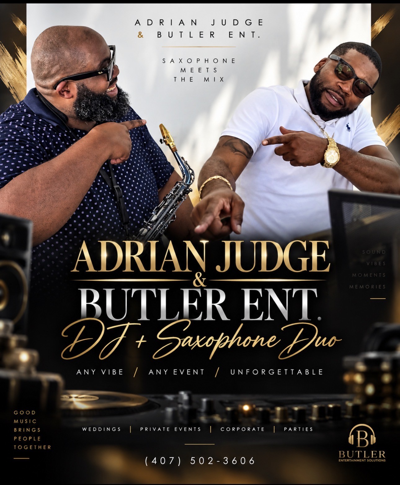 Adrian Judge & Butler Entertainment Solutions DJ + saxophone duo flyer