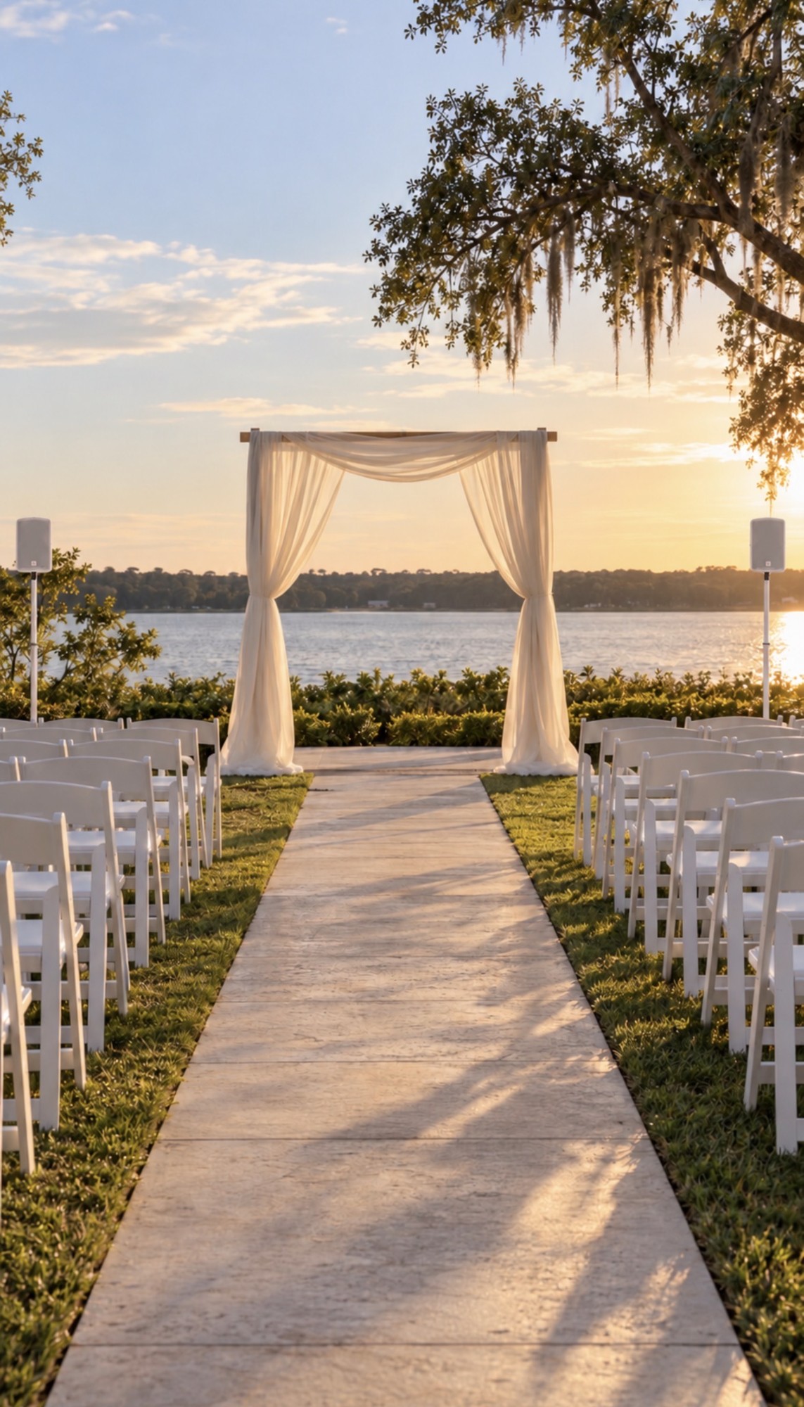 White ceremony arch and speakers beside a lake at sunset