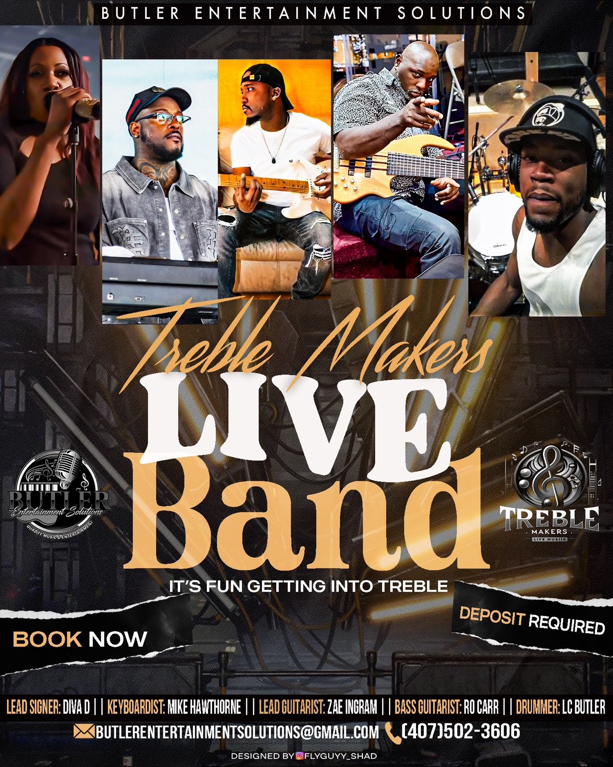 Treble Makers live band flyer featuring the singer and musicians