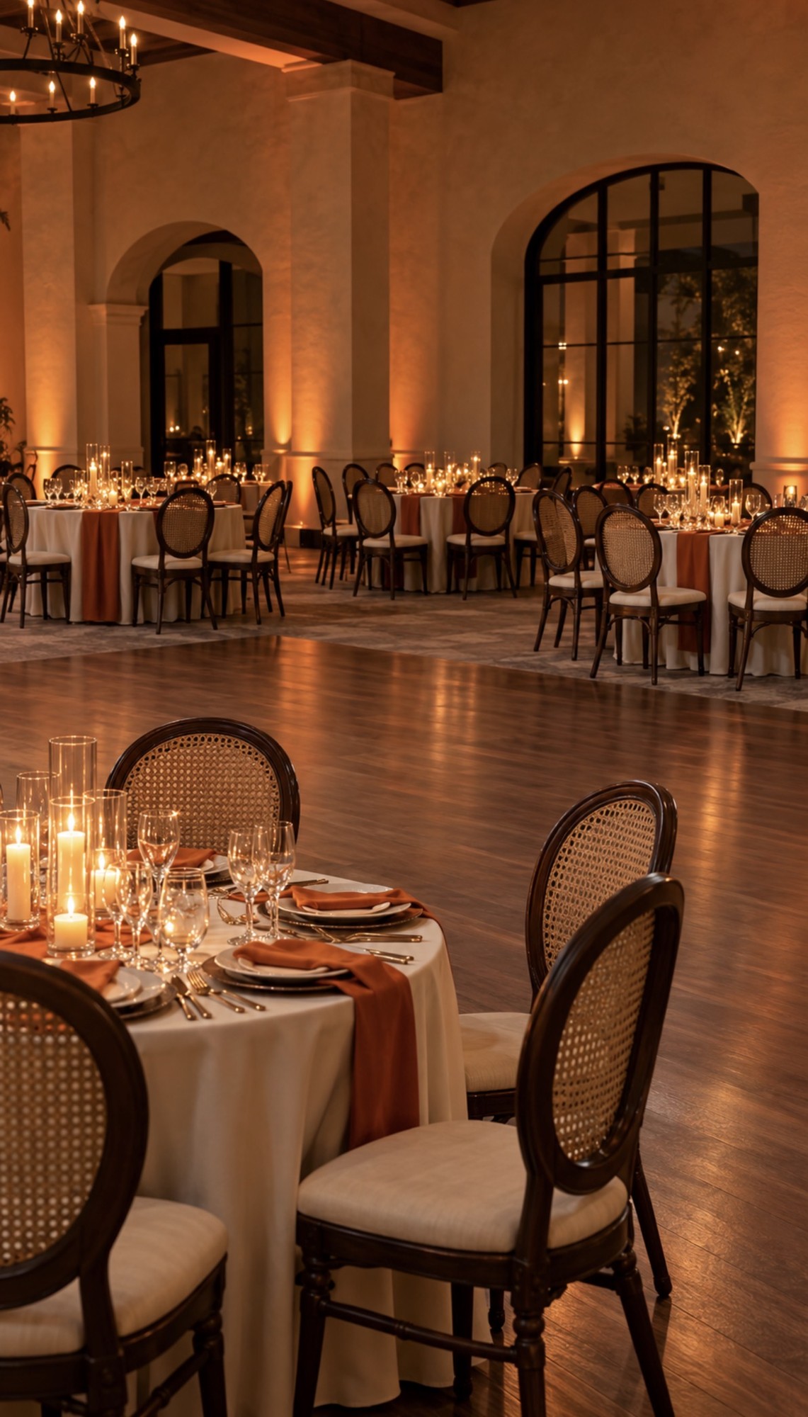 Elegant reception room with amber uplighting and candlelit tables